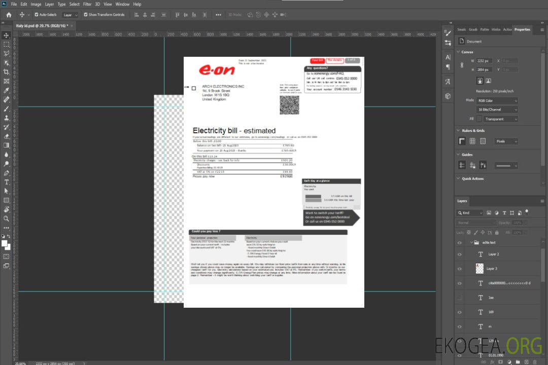 Facture commerciale du service public d'électricité d'E.ON au Royaume-Uni, page 1 SCR template Facture commerciale du service public d'électricité d'E.ON au Royaume-Uni, page 1 SCR template